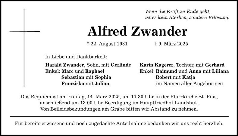 Traueranzeige Alfred Zwander