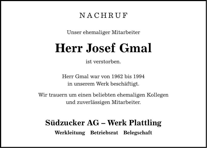 Traueranzeige Josef Gmal