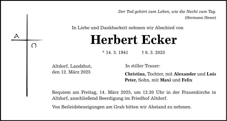 Traueranzeige Herbert Ecker