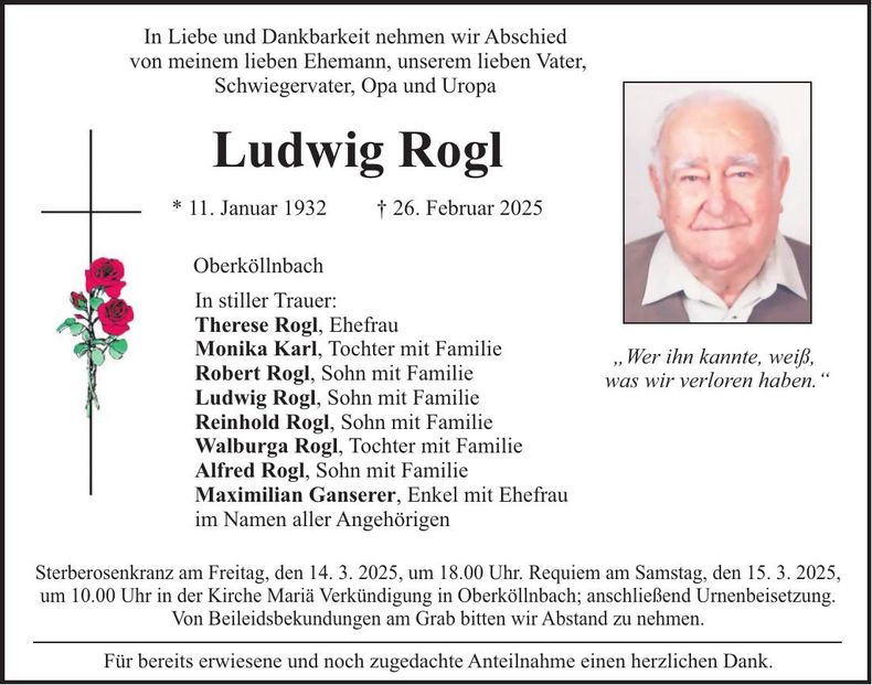 Traueranzeige Ludwig Rogl