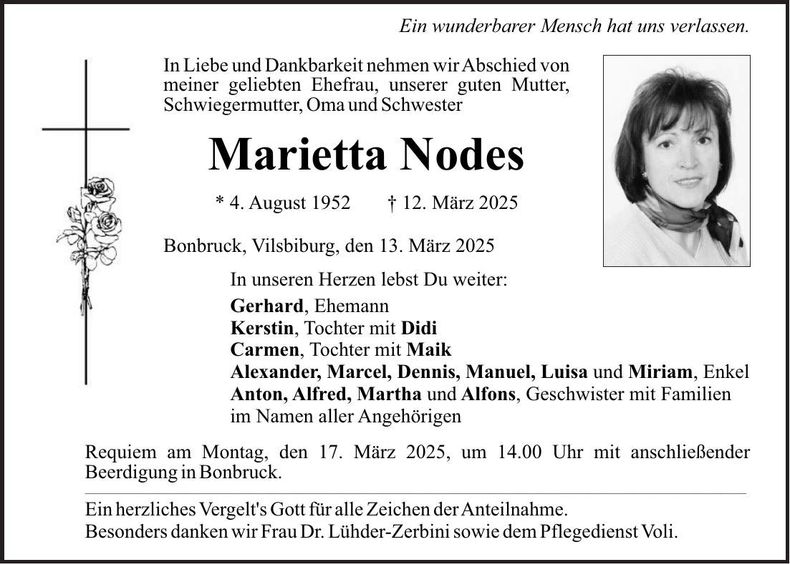Traueranzeige Marietta Nodes