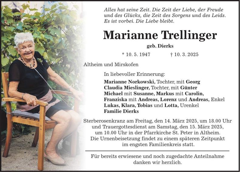 Traueranzeige Marianne Trellinger
