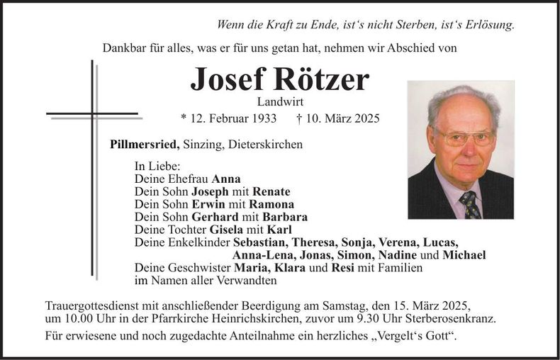 Traueranzeige Josef Rötzer