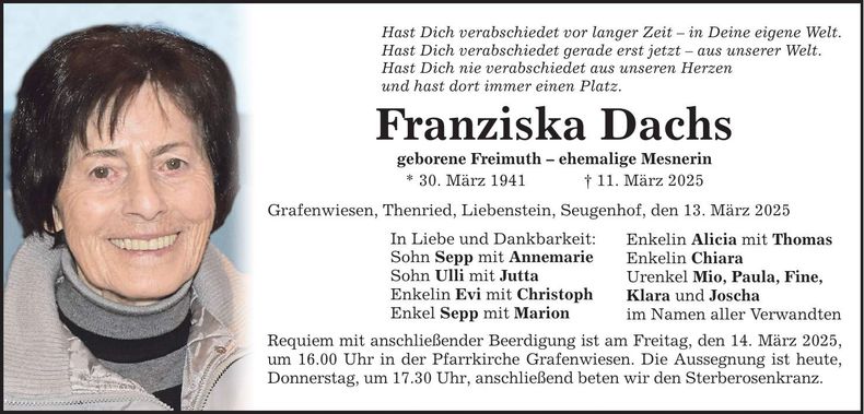 Traueranzeige Franziska Dachs