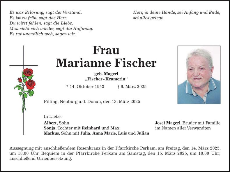 Traueranzeige Marianne Fischer