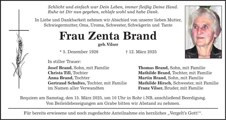 Traueranzeige Zenta Brand