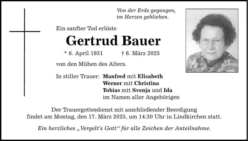 Traueranzeige Gertrud Bauer