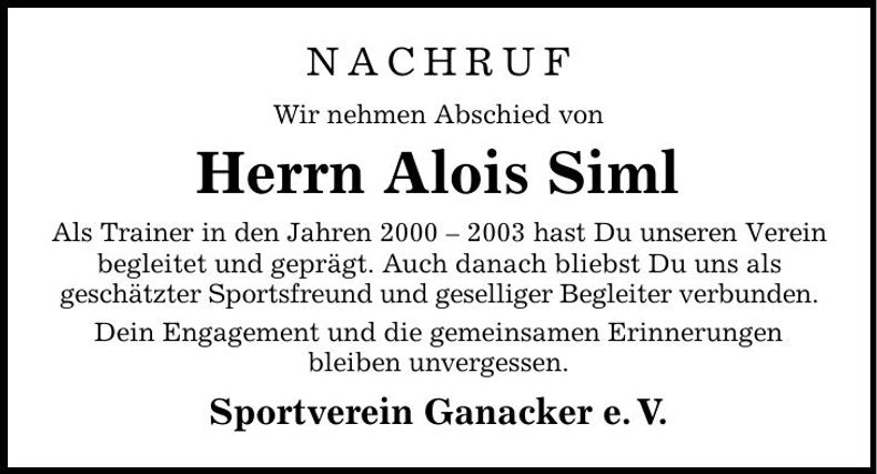 Traueranzeige Alois Siml