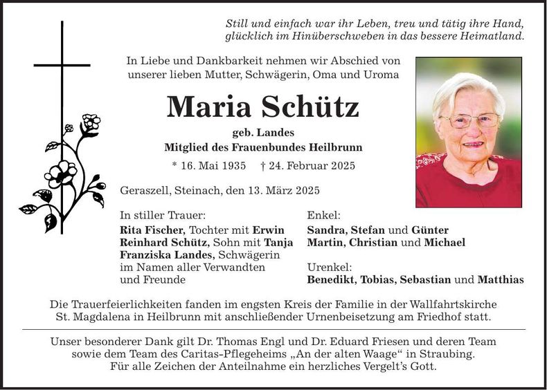 Traueranzeige Maria Schütz
