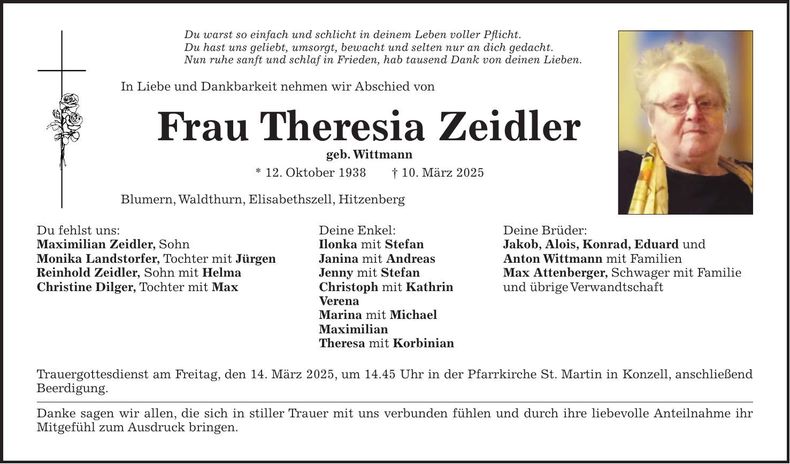 Traueranzeige Theresia Zeidler