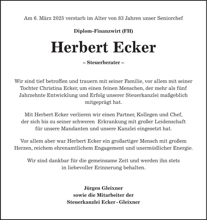 Traueranzeige Herbert Ecker