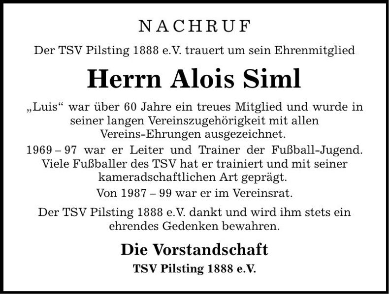 Traueranzeige Alois Siml