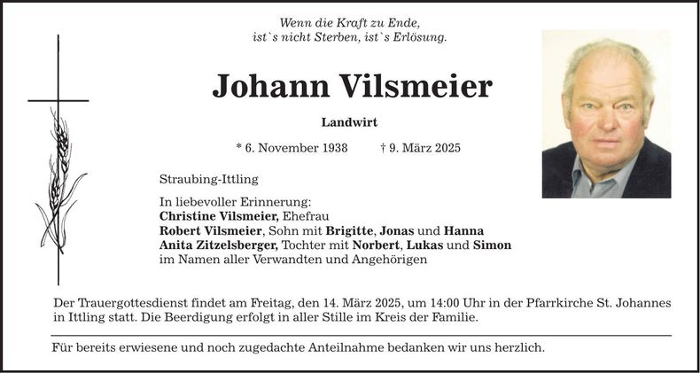 Traueranzeige Johann Vilsmeier