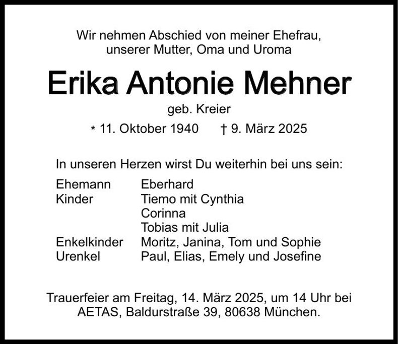 Traueranzeige Erika Antonie Mehner