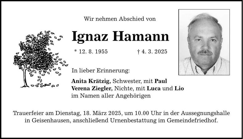 Traueranzeige Ignaz Hamann