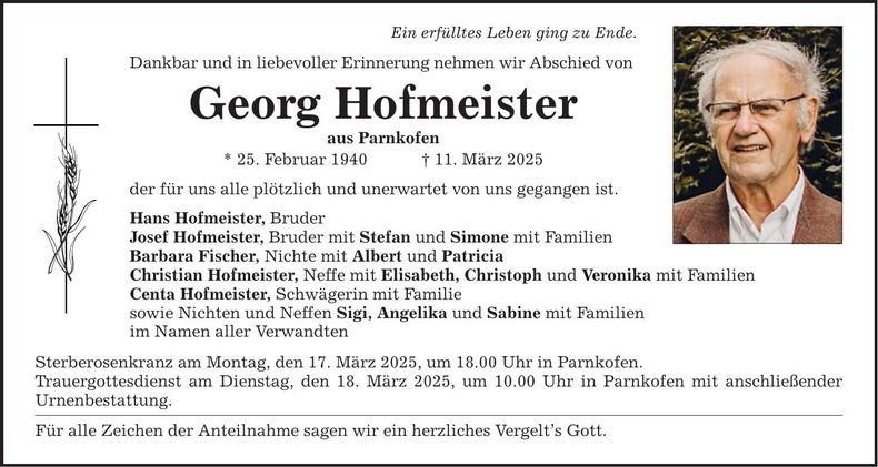 Traueranzeige Georg Hofmeister