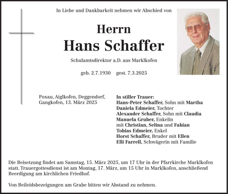 Traueranzeige Hans Schaffer