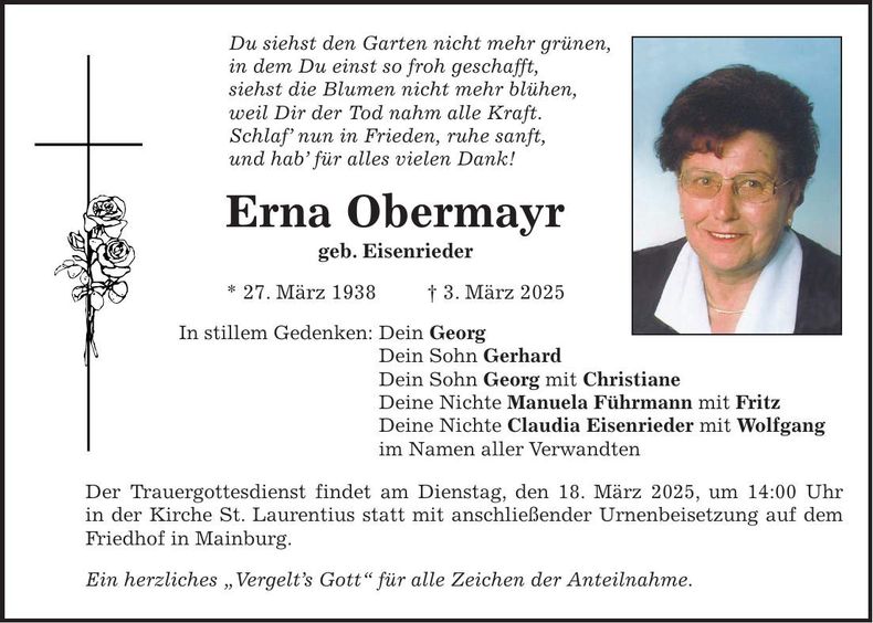 Traueranzeige Erna Obermayr
