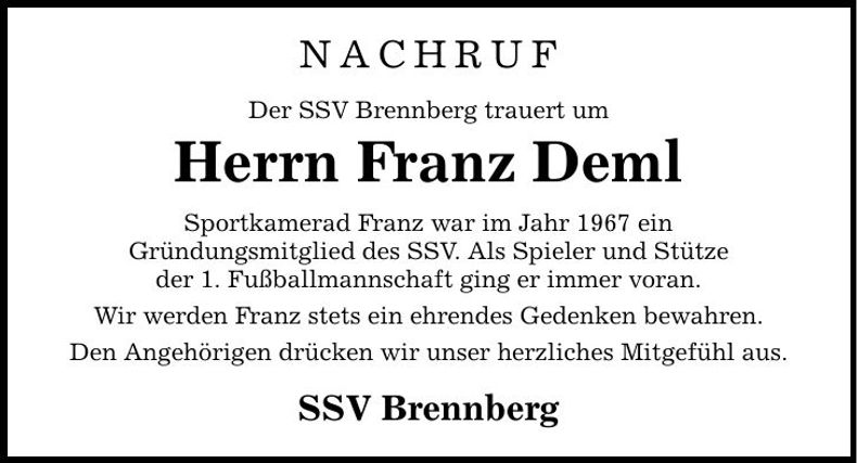 Traueranzeige Franz Deml