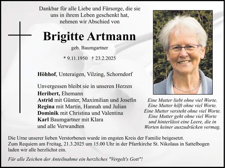 Traueranzeige Brigitte Artmann