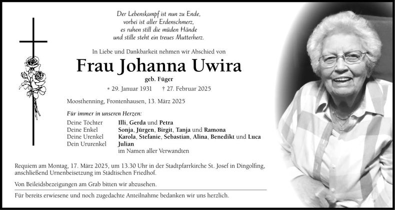 Traueranzeige Johanna Uwira