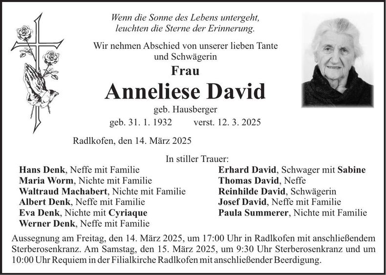 Traueranzeige Anneliese David