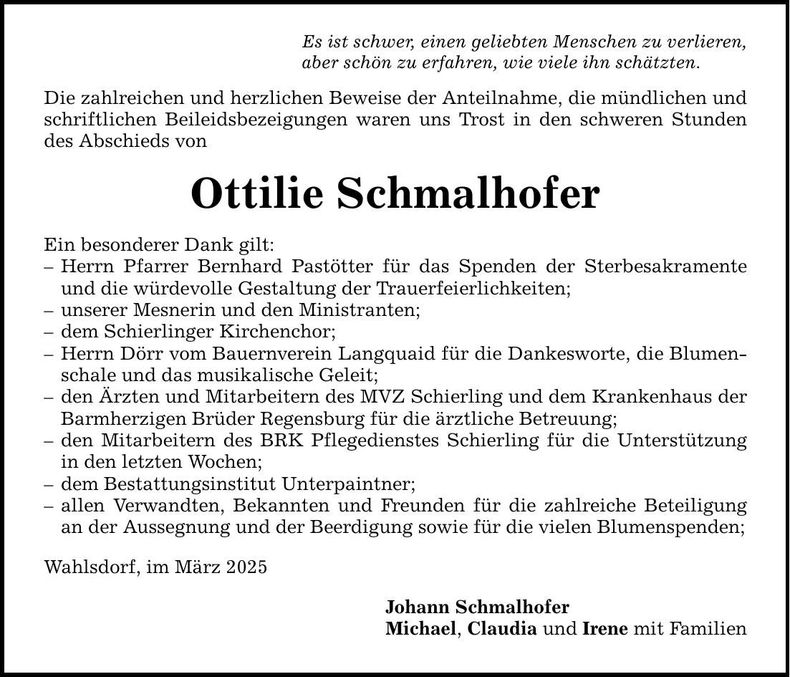 Traueranzeige Ottilie Schmalhofer