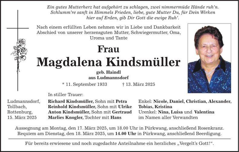 Traueranzeige Magdalena Kindsmüller