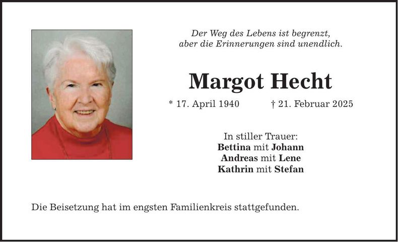 Traueranzeige Margot Hecht