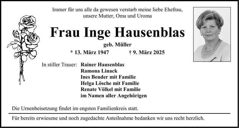 Traueranzeige Inge Hausenblas