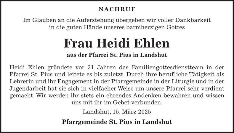 Traueranzeige Ehlen Ehlen