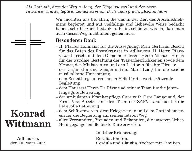 Traueranzeige Konrad Wittmann