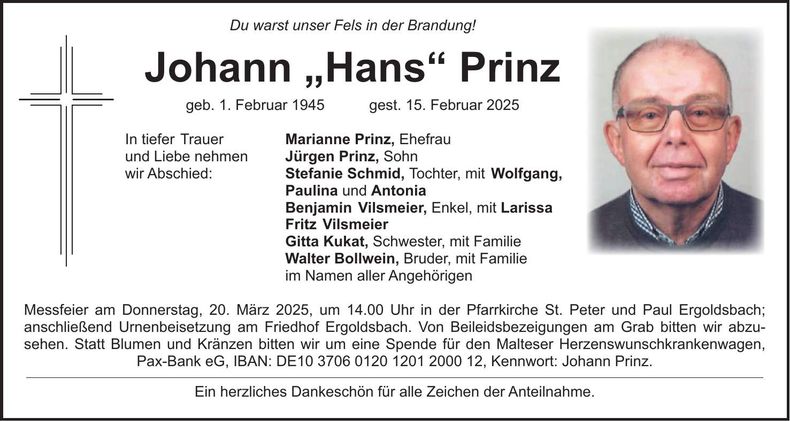 Traueranzeige Johann Prinz