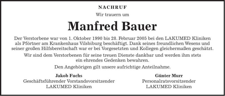 Traueranzeige Manfred Bauer
