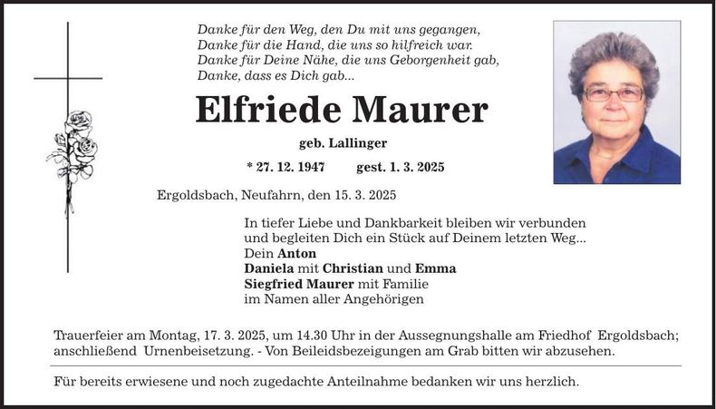Traueranzeige Elfriede Maurer