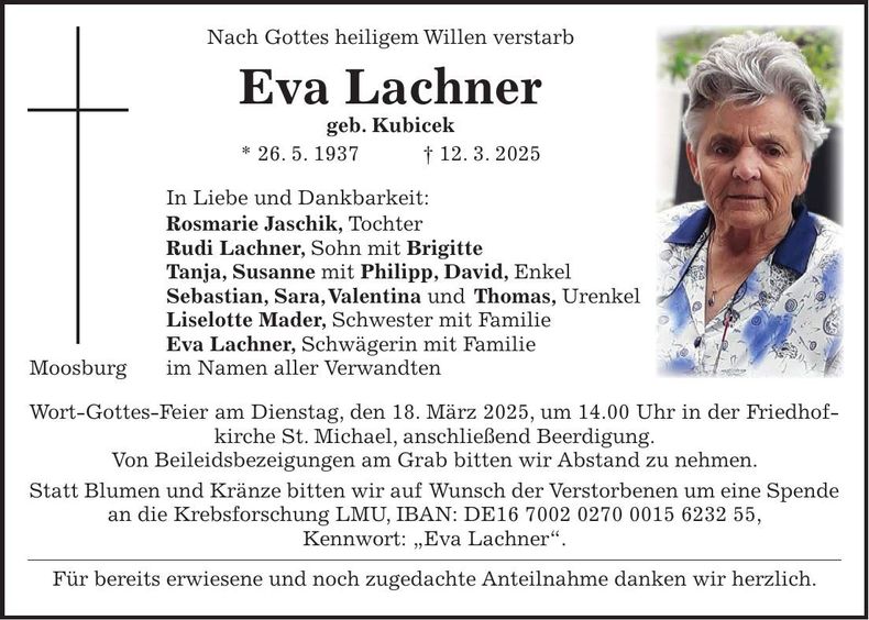 Traueranzeige Eva Lachner