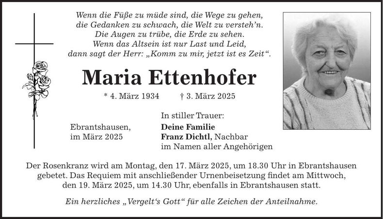 Traueranzeige Maria Ettenhofer