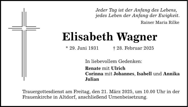 Traueranzeige Elisabeth Wagner