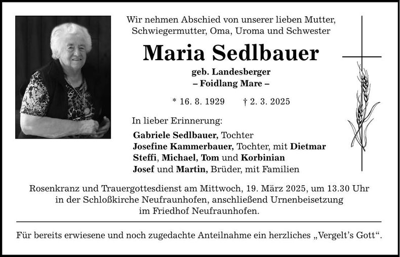 Traueranzeige Maria Sedlbauer