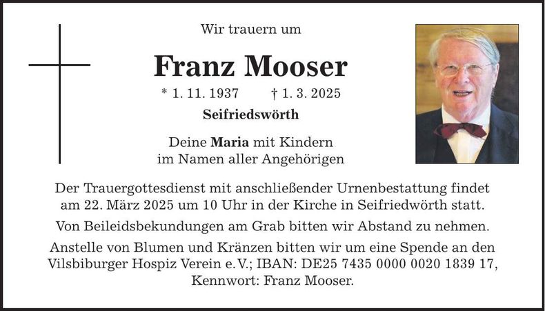 Traueranzeige Franz Seraph Mooser
