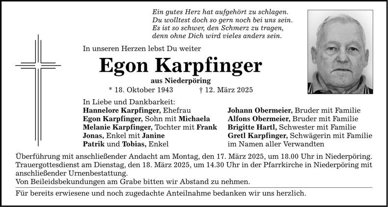 Traueranzeige Egon Karpfinger