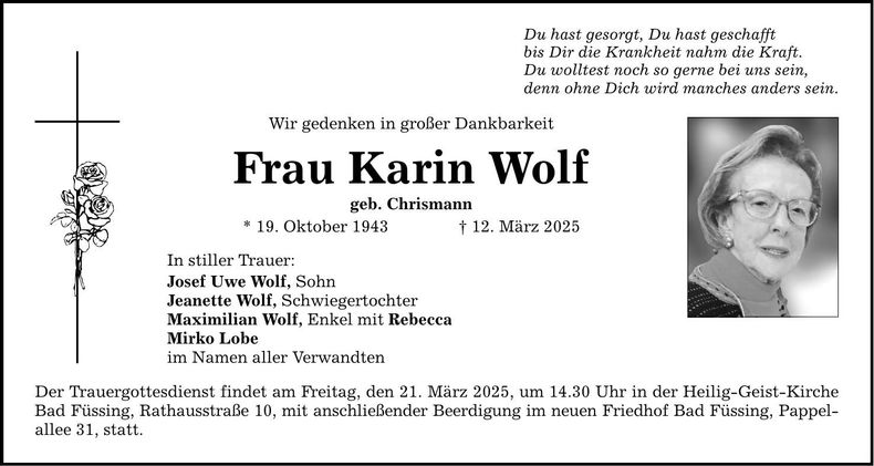 Traueranzeige Karin Wolf