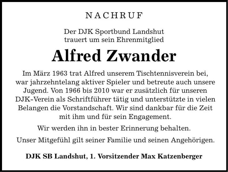 Traueranzeige Alfred Zwander