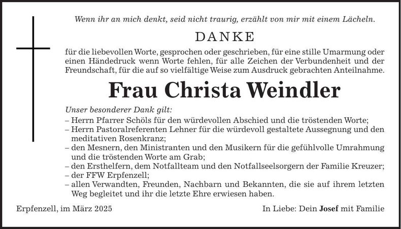 Traueranzeige Christa Weindler