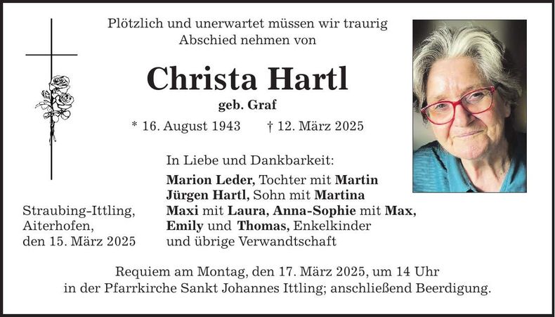 Traueranzeige Christa Hartl