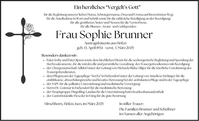 Traueranzeige Sophie Brunner