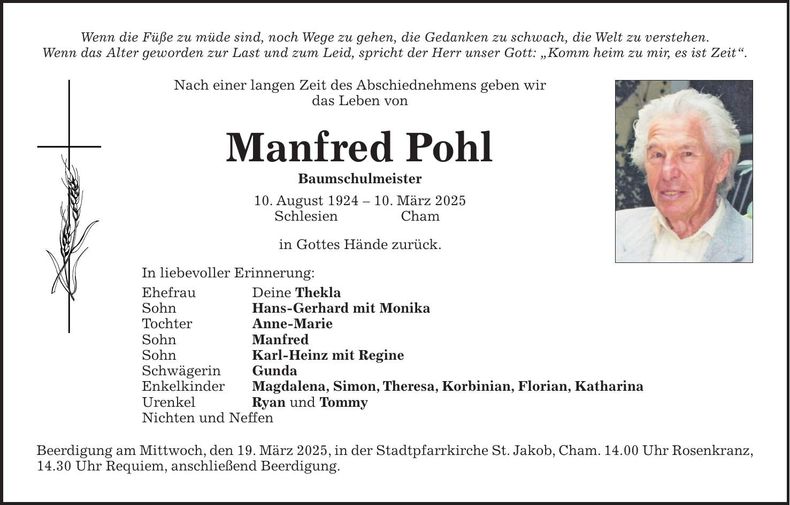 Traueranzeige Manfred Pohl