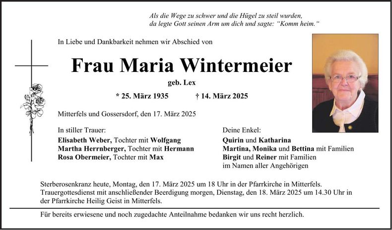 Traueranzeige Maria Wintermeier
