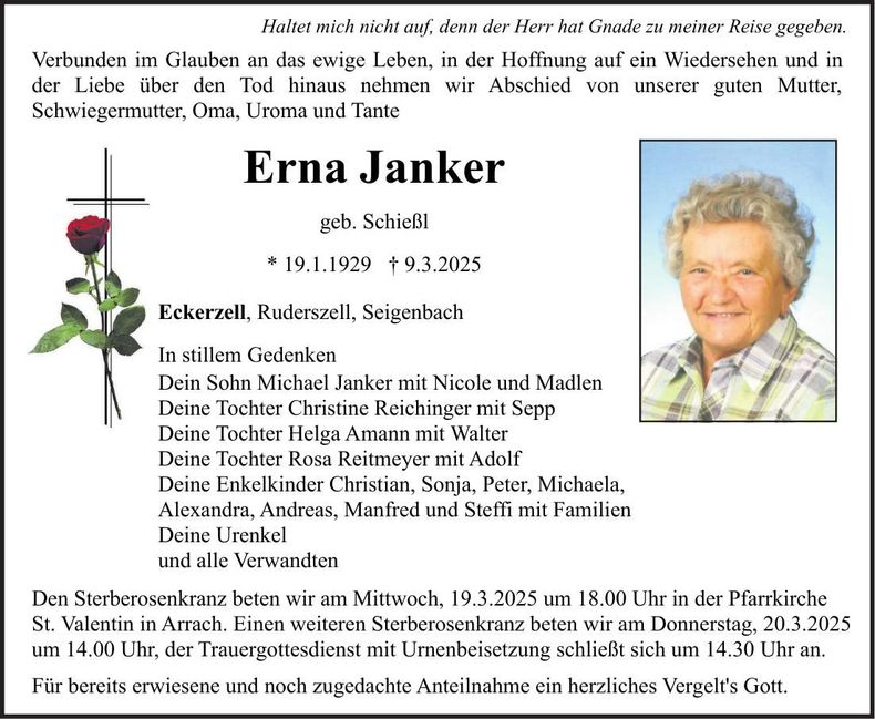 Traueranzeige Erna Janker