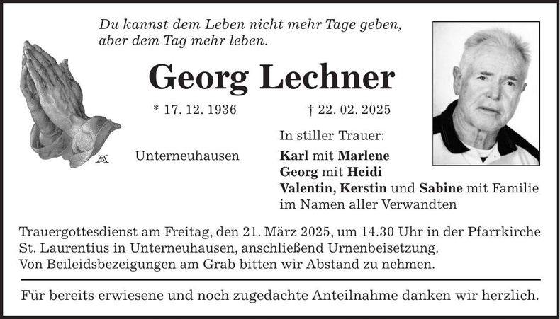 Traueranzeige Georg Lechner
